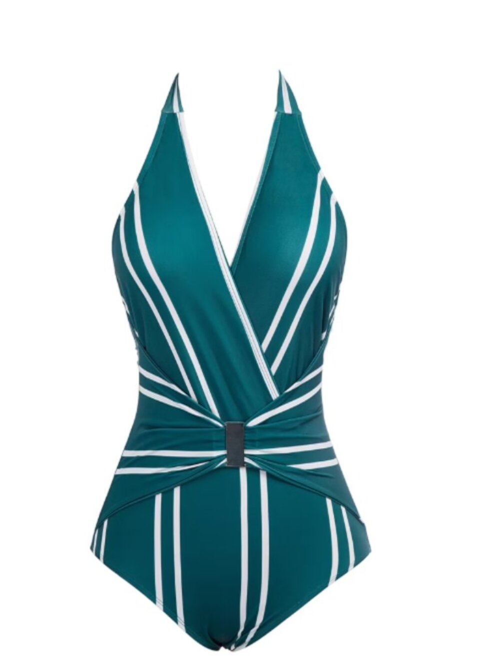 Grace Karin Teal & White Striped Halter One-Piece Slimming Swimsuit MED